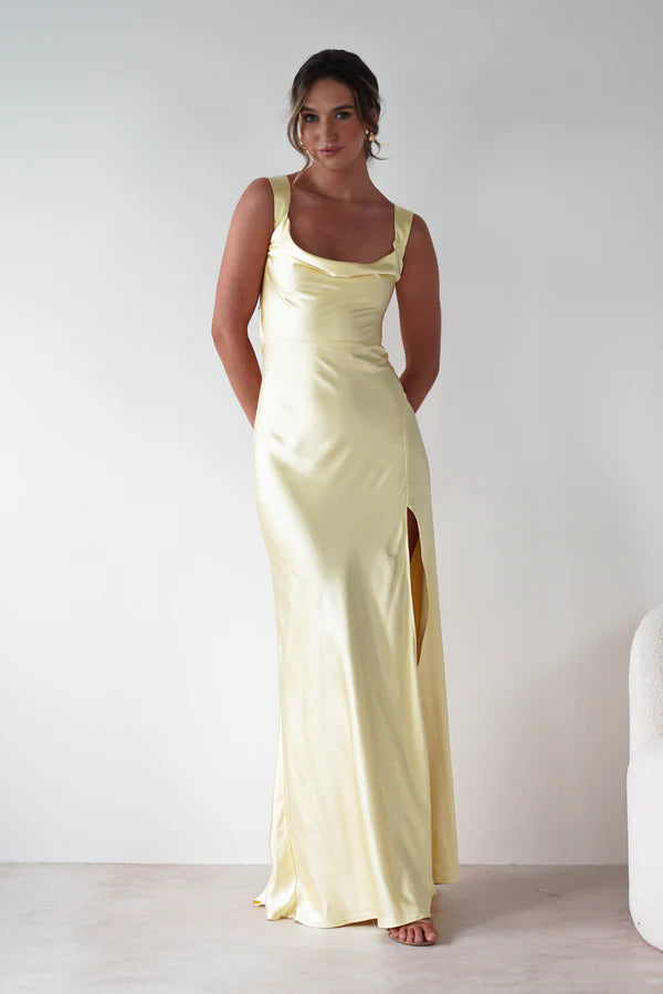 Light yellow square neck sleeveless backless long dress with side slit