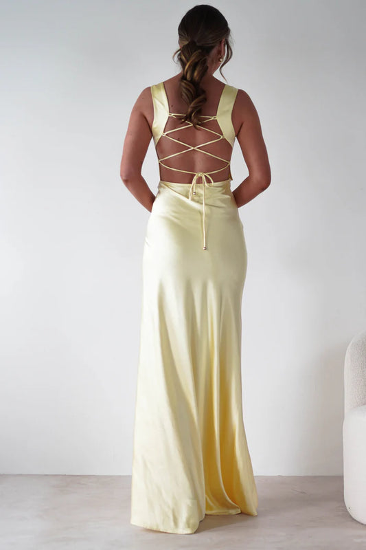 Light yellow square neck sleeveless backless long dress with side slit