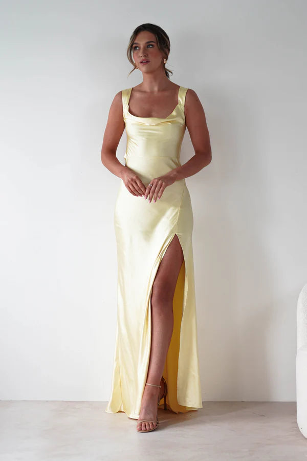Light yellow square neck sleeveless backless long dress with side slit