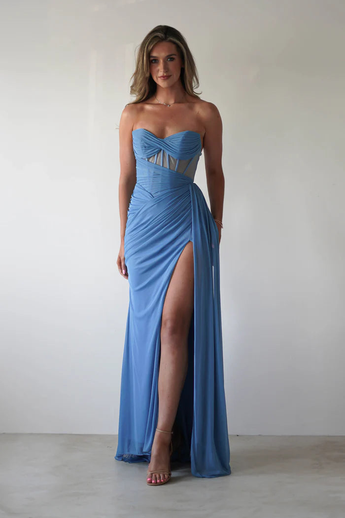 Sea and sky blue strapless fishbone corset side slit long skirt dress