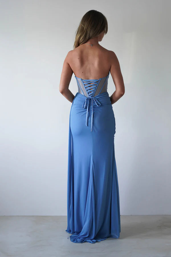Sea and sky blue strapless fishbone corset side slit long skirt dress
