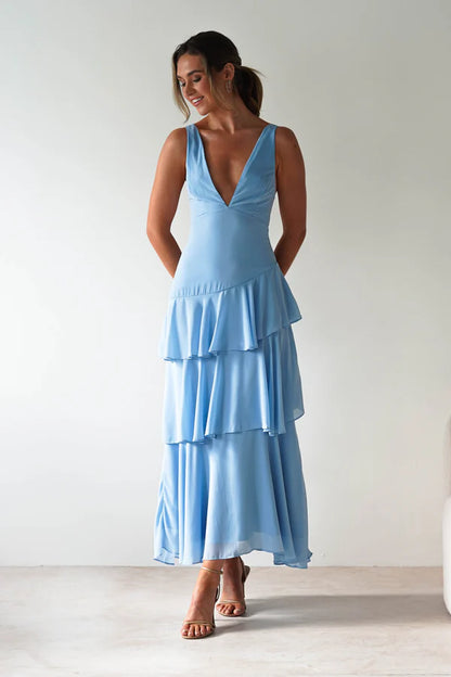Blue deep v sleeveless backless long skirt multi-layer dress