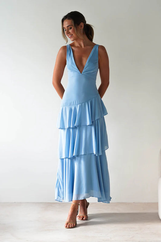 Blue deep v sleeveless backless long skirt multi-layer dress