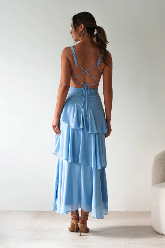 Blue deep v sleeveless backless long skirt multi-layer dress