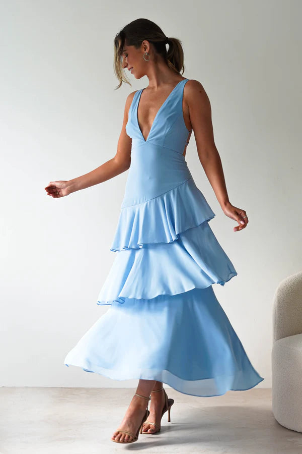 Blue deep v sleeveless backless long skirt multi-layer dress