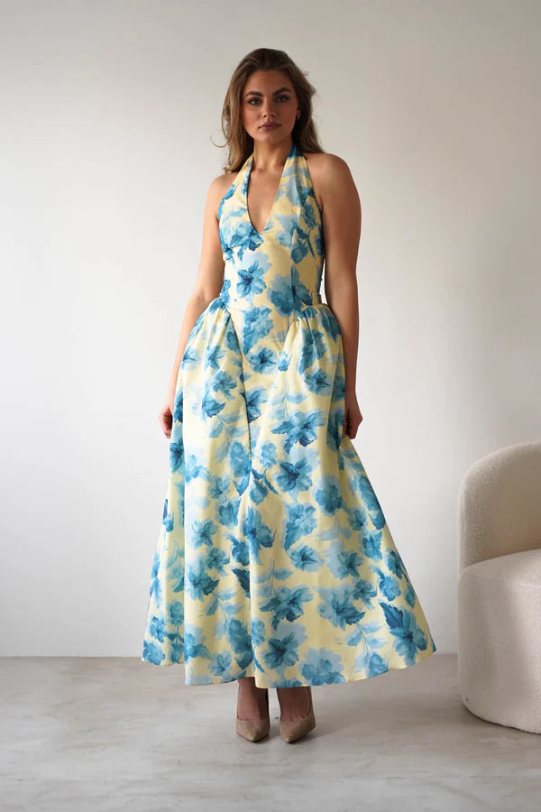 Deep V neck hanging backless floral dress dress