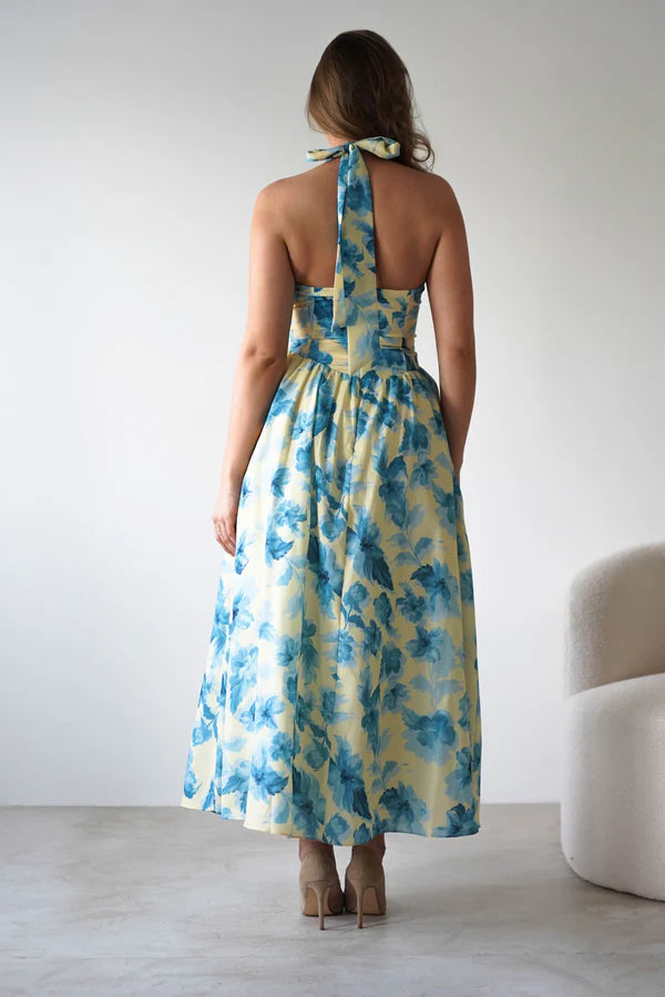 Deep V neck hanging backless floral dress dress