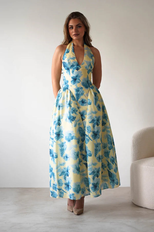 Deep V neck hanging backless floral dress dress