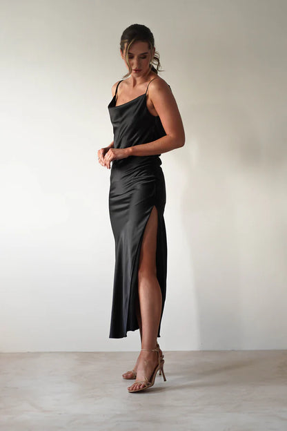 Thin sling swing collar backless dress with side slit