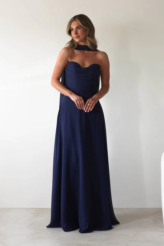 Chiffon strapless long skirt navy blue
