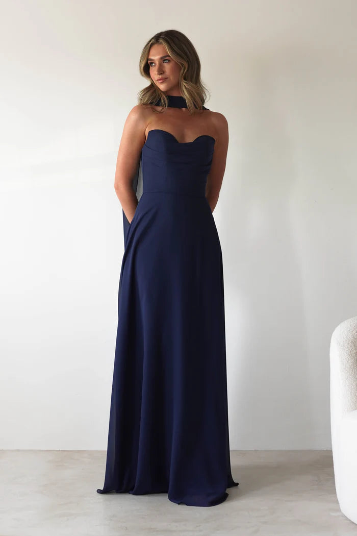 Chiffon strapless long skirt navy blue