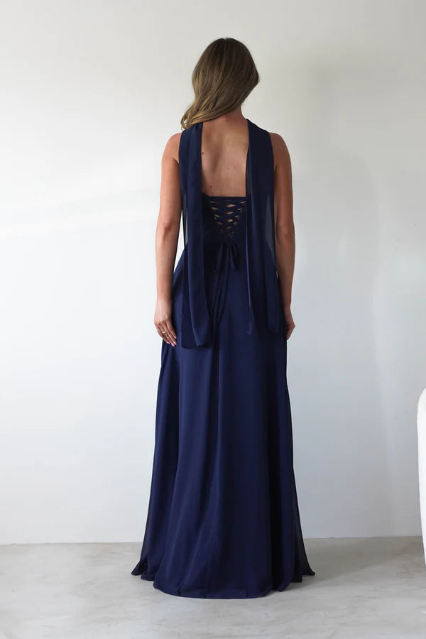 Chiffon strapless long skirt navy blue