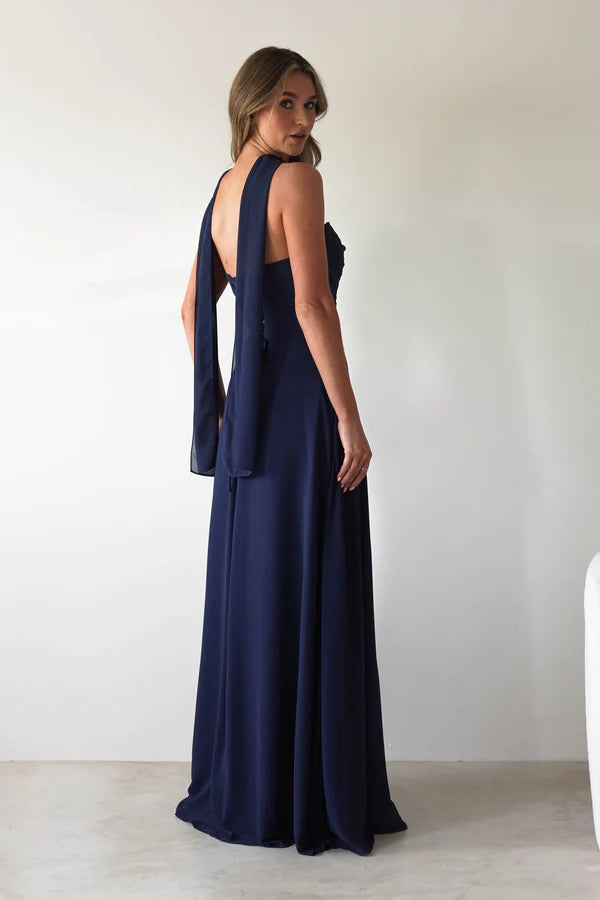 Chiffon strapless long skirt navy blue