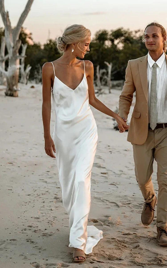 Sleeveless simple casual sexy V-neck satin solid color beach mop backless wedding dress