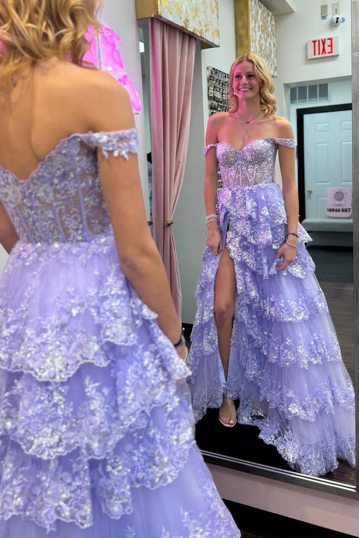 Lace sequin ruffle side slit ball skirt