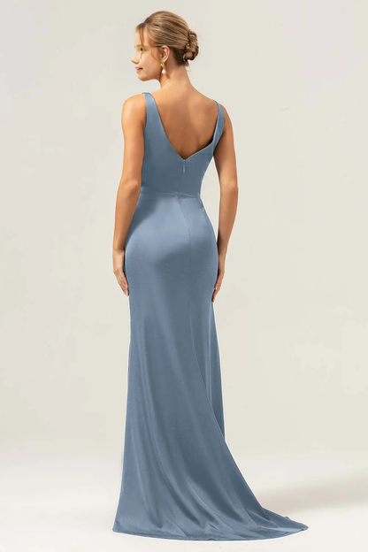 Mermaid V-neck pleated high-low satin bridesmaid dress with slit