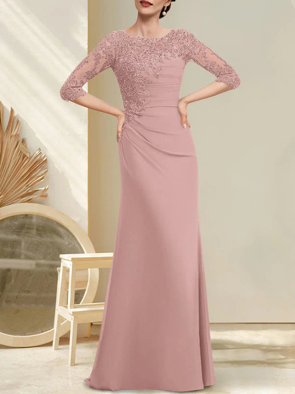 A-line Scoop Floor-Length Chiffon Lace Mother of the Bride Dress With Beading Pleated Sequins