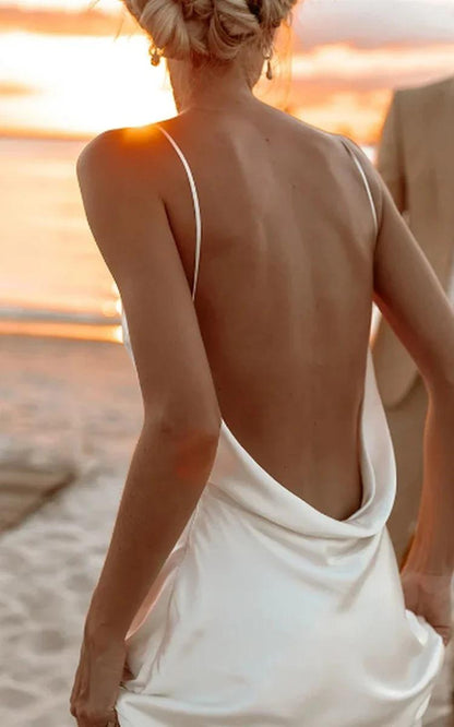 Sleeveless simple casual sexy V-neck satin solid color beach mop backless wedding dress
