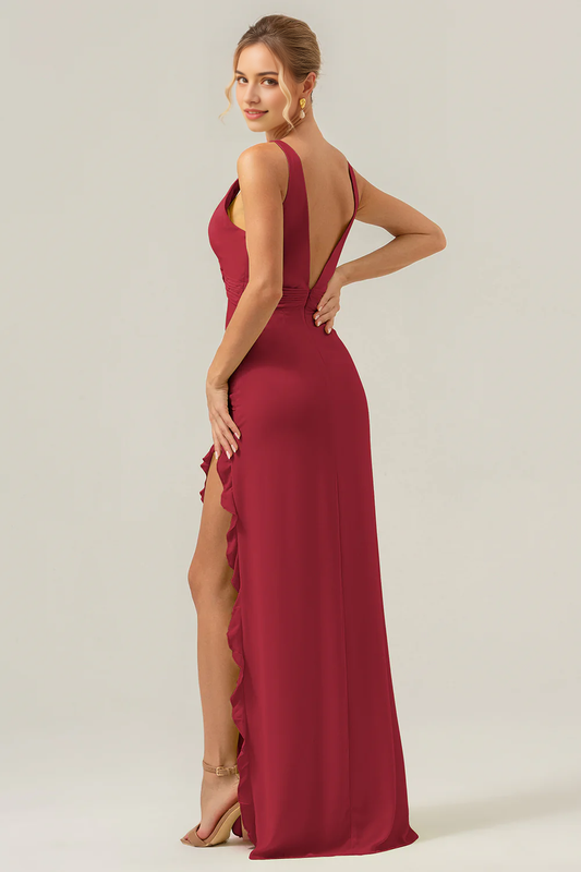 V-neck floral backless bridesmaid dress with ruffled edges