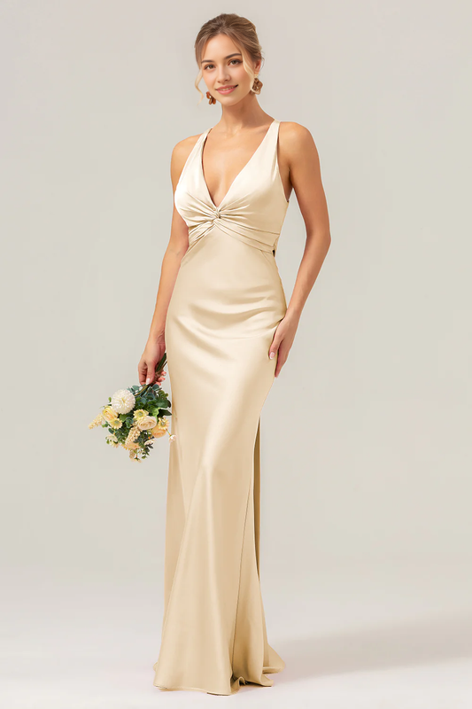 Champagne mermaid deep V-neck pleated long bridesmaid dress with back tie