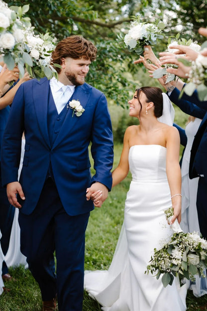Beautiful A Line Strapless Mermaid White Long Bridal Dress with Button Up