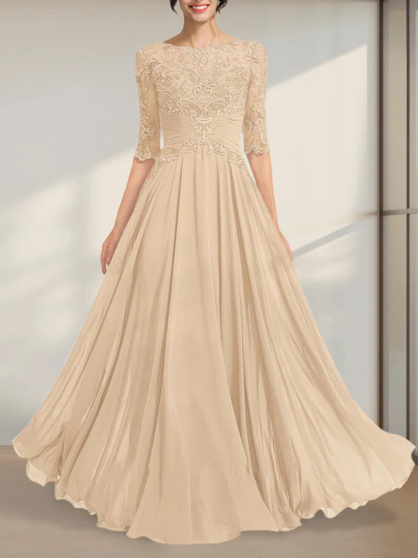 A-line Scoop Illusion Floor-Length Chiffon Lace Mother of the Bride Dress With Pleated Sequins