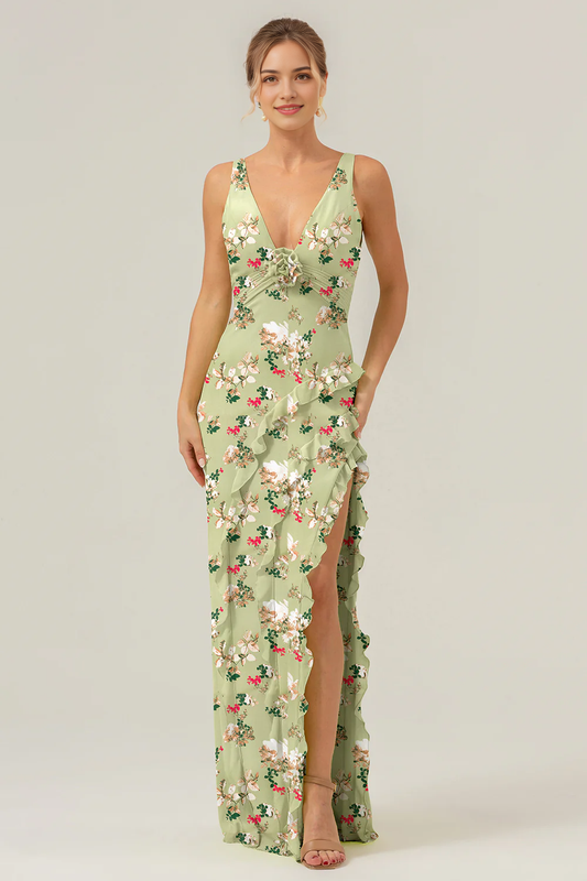Big floral sheath V-neck backless bridesmaid dress with ruffles
