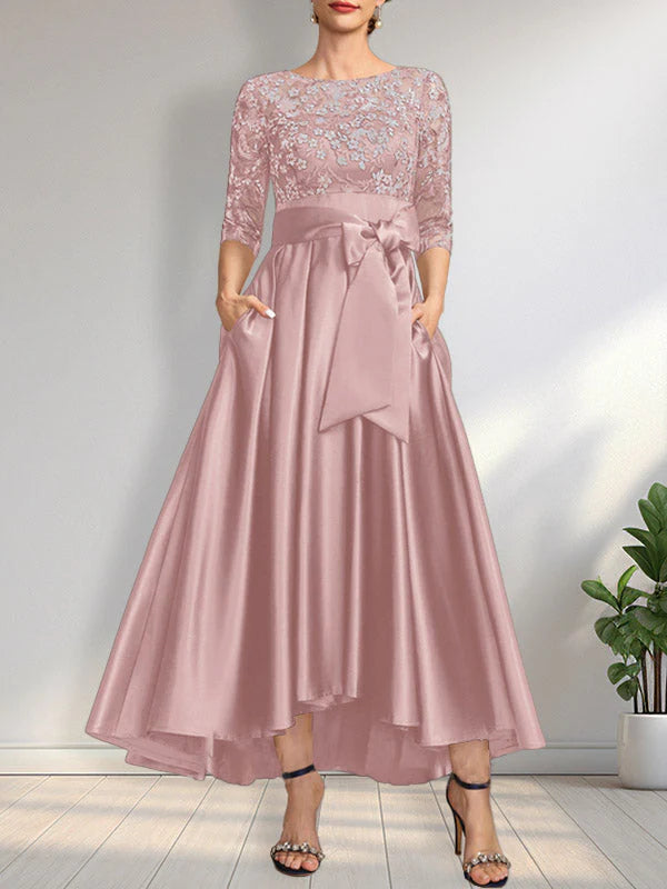 A-line Scoop Illusion Asymmetrical Satin Lace Mother of the Bride Dress With Bow