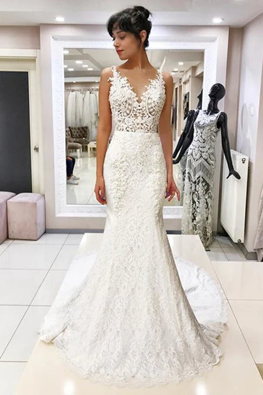 V-neck sleeveless mermaid lace wedding dress