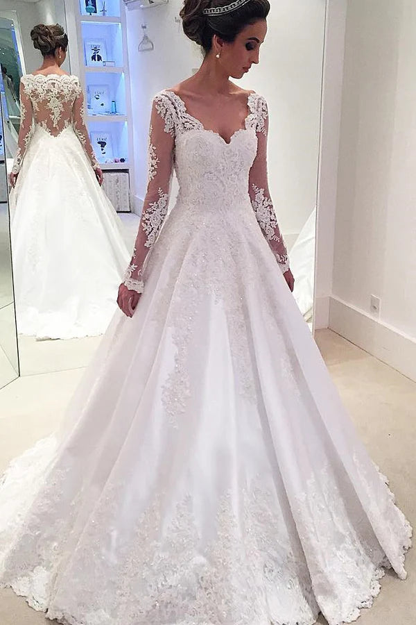 Unique and elegant V-neck long sleeved ball gown with lace ribbon decal wedding dress