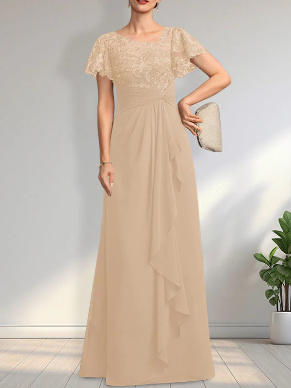 A-line Asymmetrical Illusion Floor-Length Lace Chiffon Mother of the Bride Dress With Cascading Ruffles Sequins