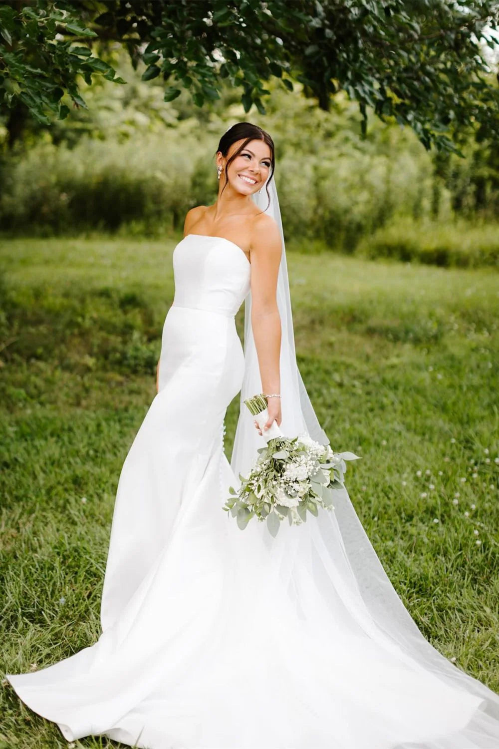 Beautiful A Line Strapless Mermaid White Long Bridal Dress with Button Up