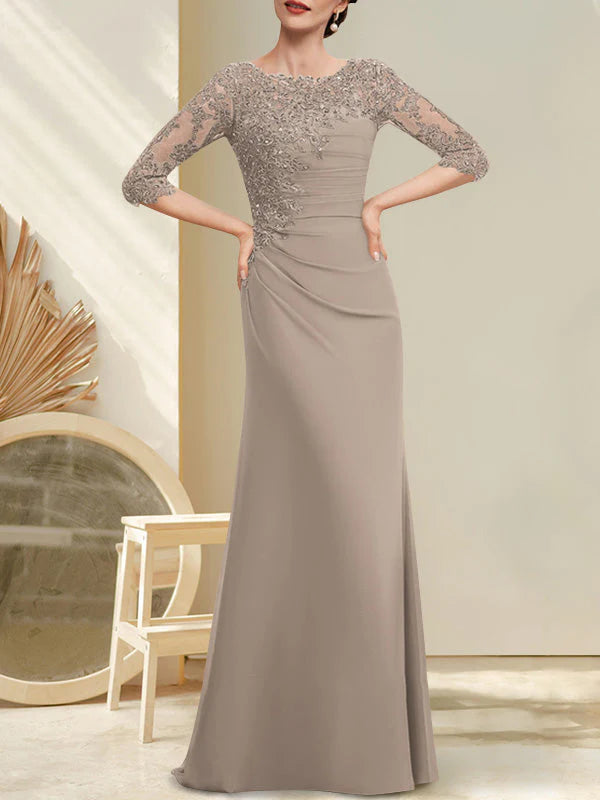 A-line Scoop Floor-Length Chiffon Lace Mother of the Bride Dress With Beading Pleated Sequins