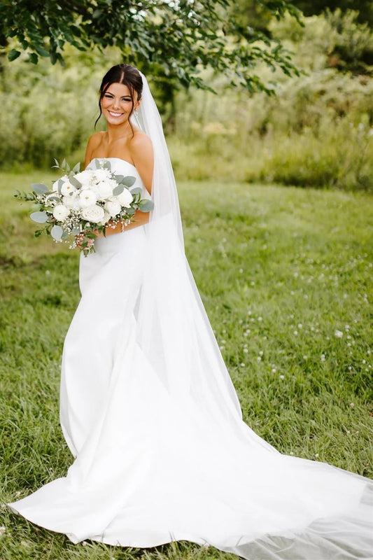 Beautiful A Line Strapless Mermaid White Long Bridal Dress with Button Up