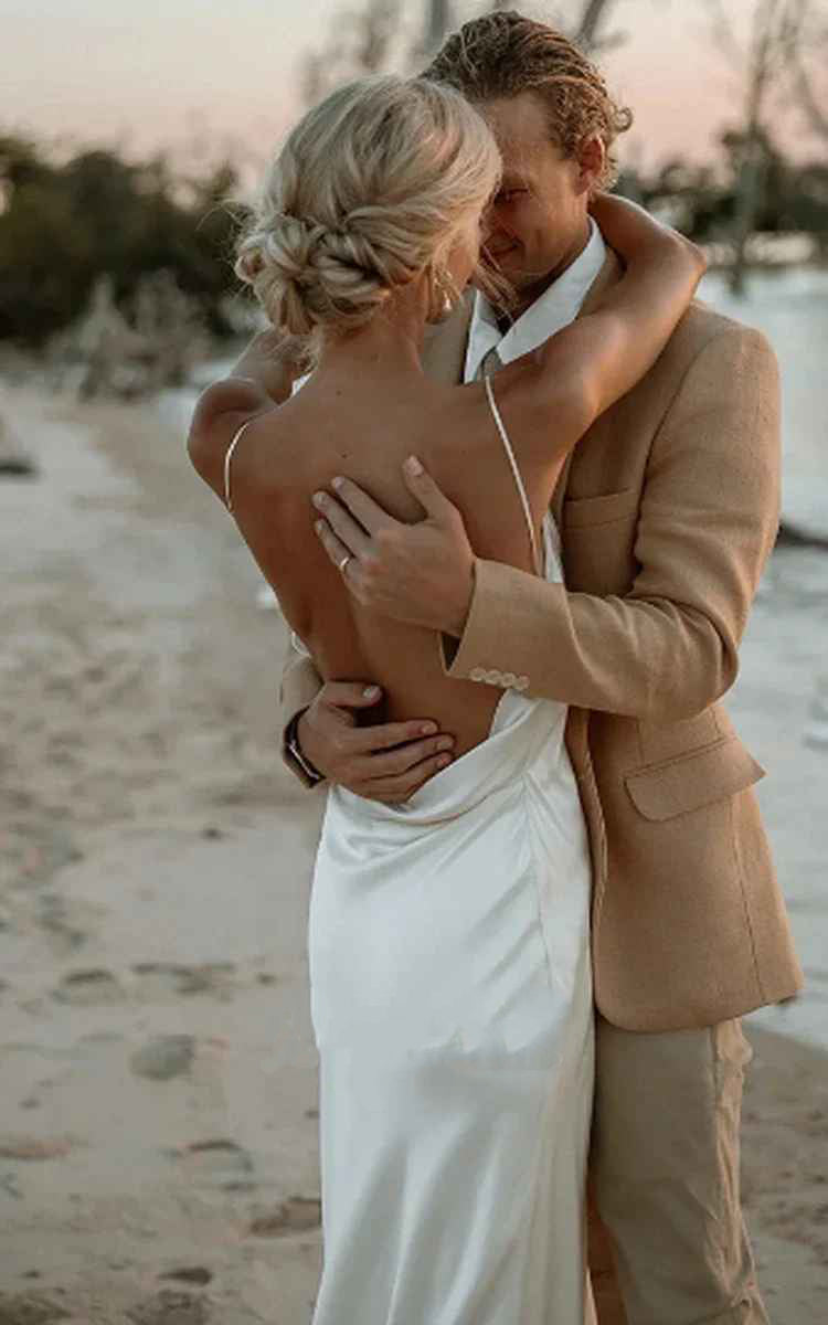 Sleeveless simple casual sexy V-neck satin solid color beach mop backless wedding dress