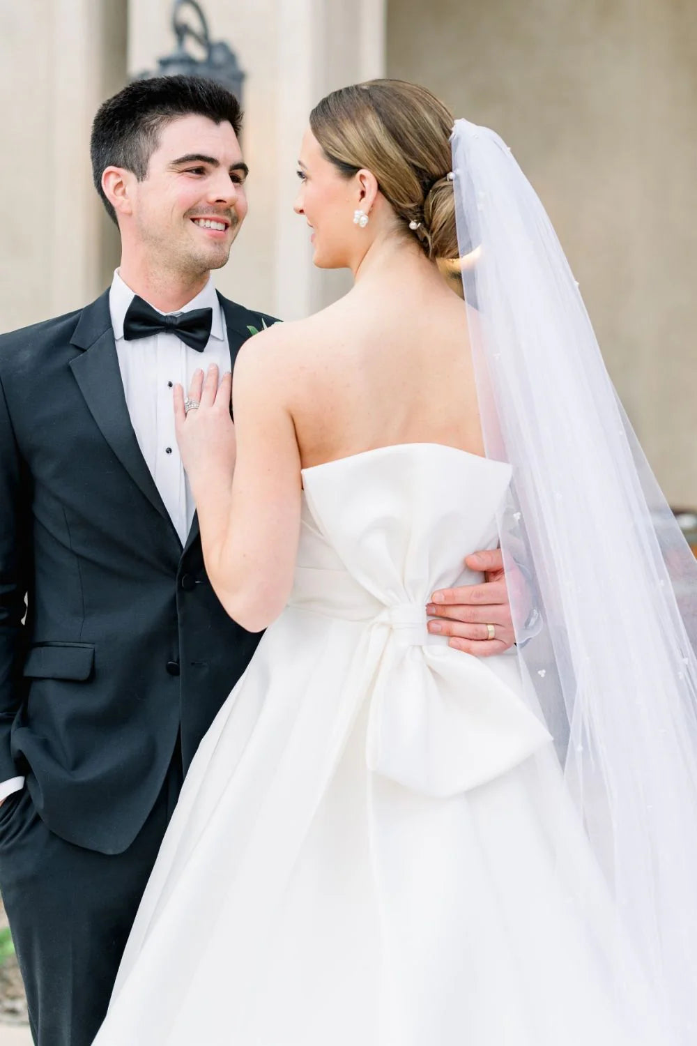 Elegant A Line Strapless White Satin Long Bridal Dress with Bowknot