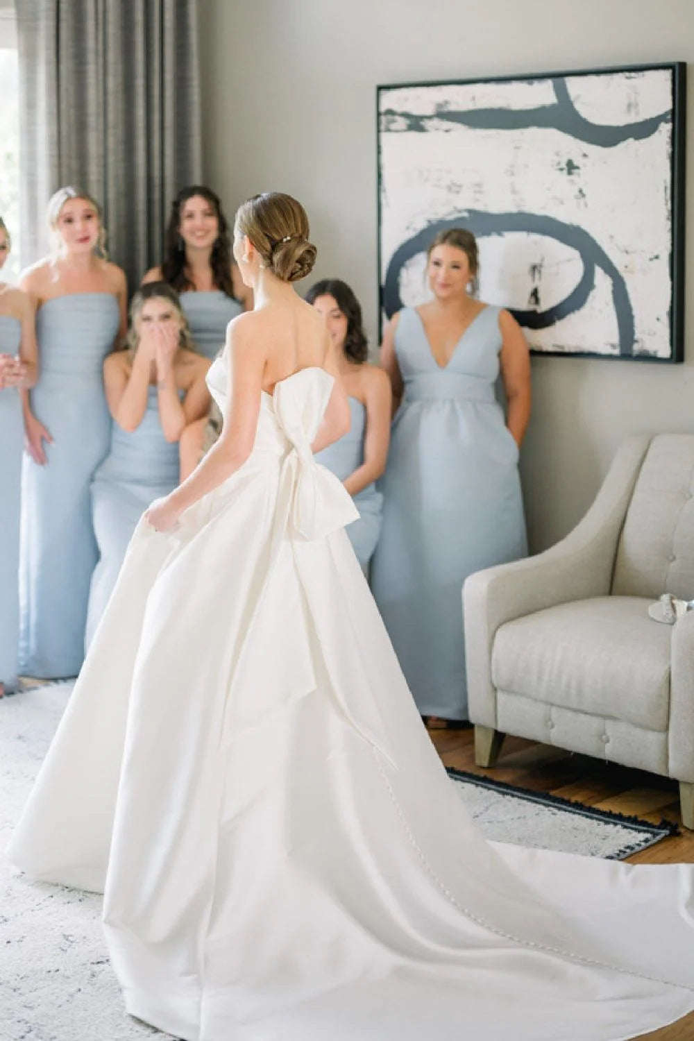 Elegant A Line Strapless White Satin Long Bridal Dress with Bowknot