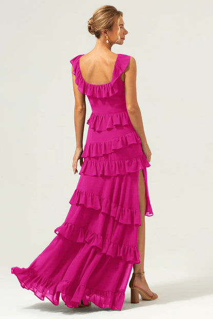 Dark Navy A-Line Square Neck Tiered Long Bridesmaid Dress