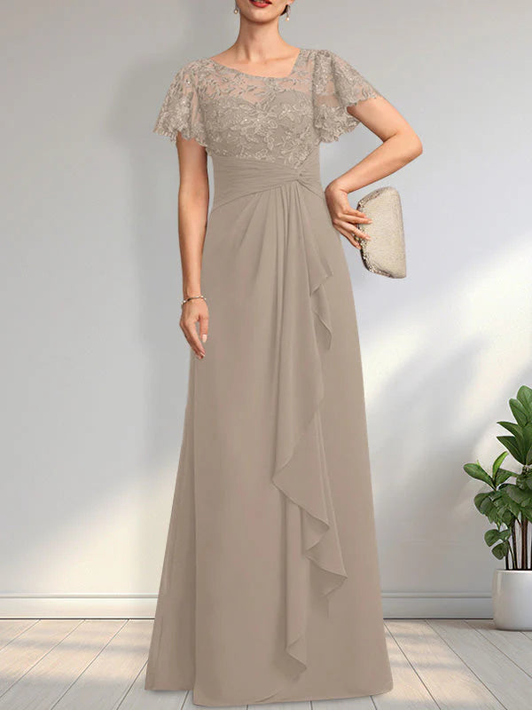 A-line Asymmetrical Illusion Floor-Length Lace Chiffon Mother of the Bride Dress With Cascading Ruffles Sequins