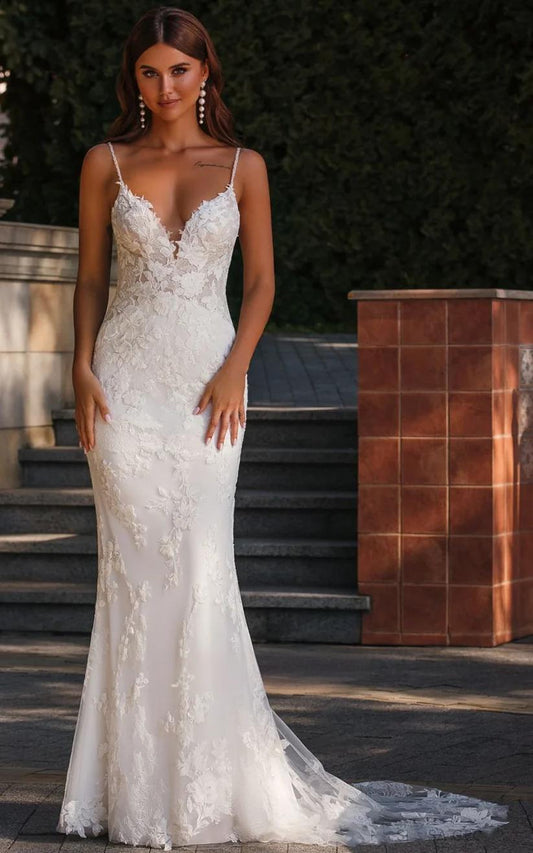 White Mermaid Wedding Dress Sexy Summer Beach Flower Lace V-neck Bridal Dress