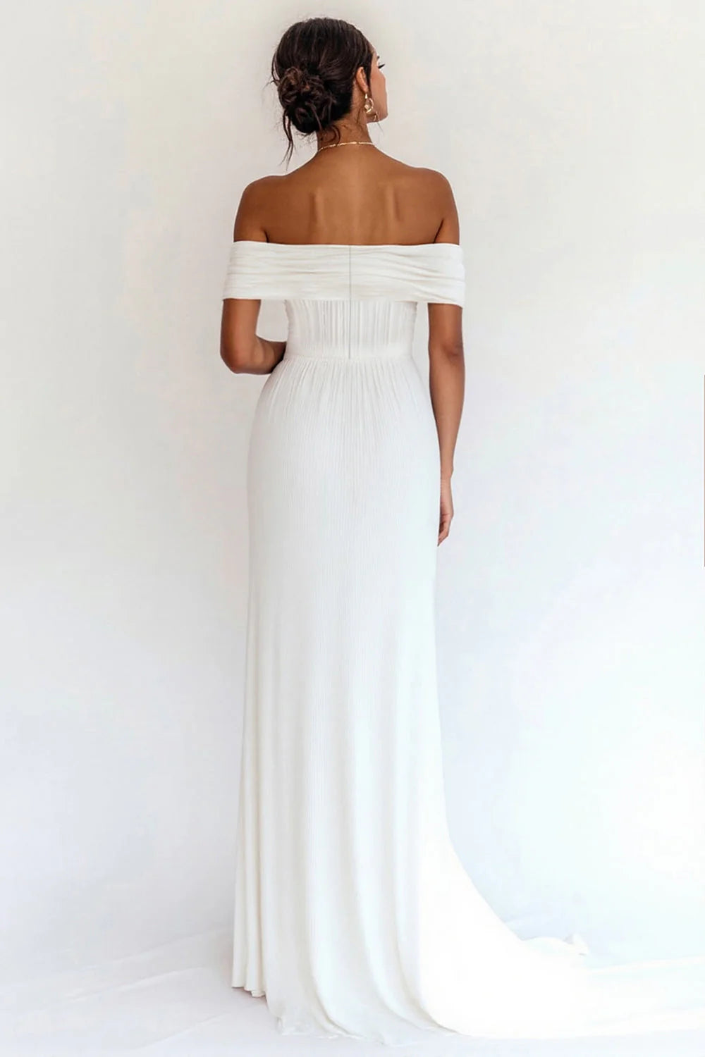 A Line Off the Shoulder White Pleated Formal Dress