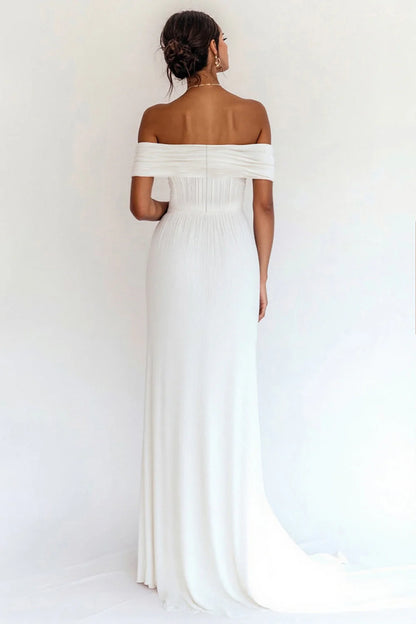 A Line Off the Shoulder White Pleated Formal Dress