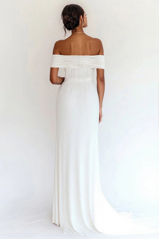 A Line Off the Shoulder White Pleated Formal Dress