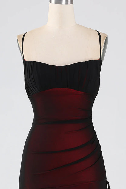 Black Red Sheath Spaghetti Straps Long Bridesmaid Dress with Lace Up Back