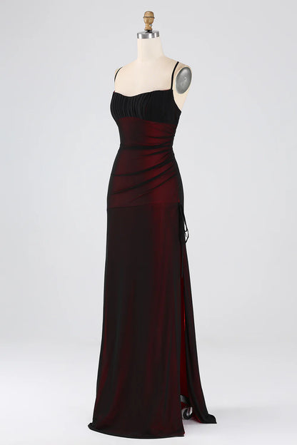 Black Red Sheath Spaghetti Straps Long Bridesmaid Dress with Lace Up Back