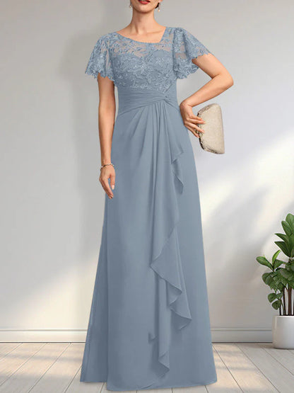 A-line Asymmetrical Illusion Floor-Length Lace Chiffon Mother of the Bride Dress With Cascading Ruffles Sequins