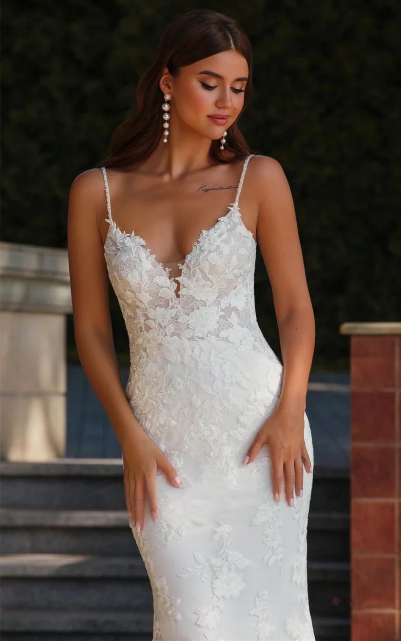 White Mermaid Wedding Dress Sexy Summer Beach Flower Lace V-neck Bridal Dress