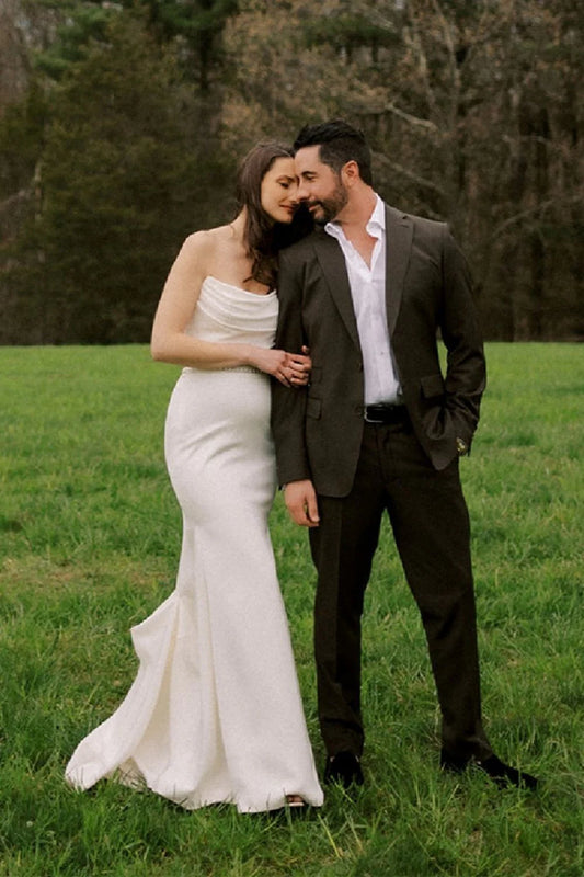 Mermaid Strapless White Long Bridal Dress with Ruched