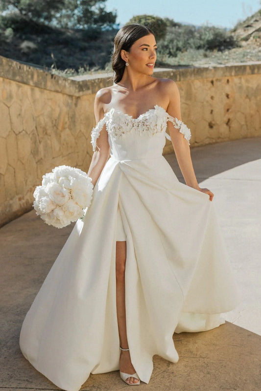 Gorgeous A Line Off the Shoulder White Long Wedding Dress with Appliques
