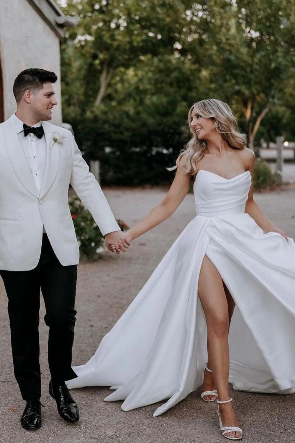 Simple A Line Sweetheart White Long Wedding Dress with Split Front